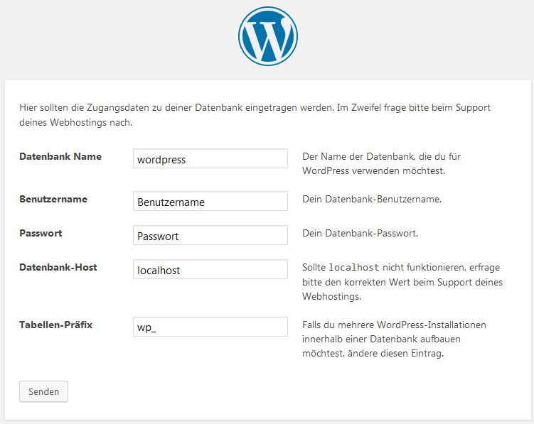 Das Datenbankfenster des WordPress Installationsassistenten.